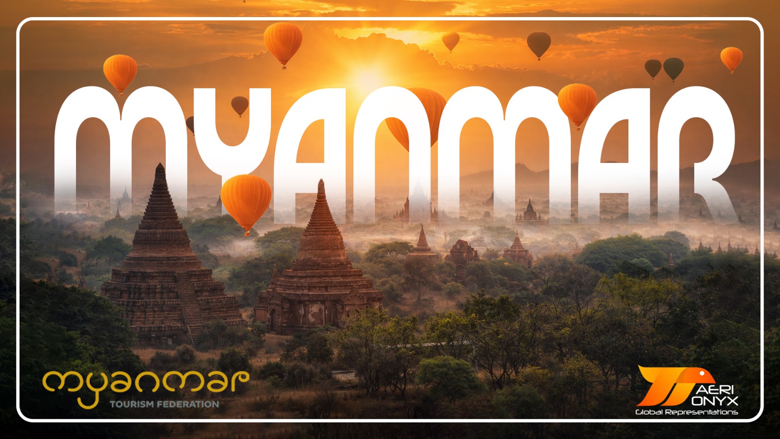 Myanmar tourism artwork featuring Bagan temples and hot air balloons at sunset